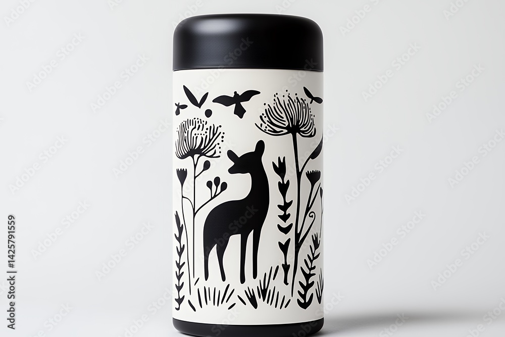 Fototapeta premium Black and White Deer and Floral Illustration on Cylindrical Container