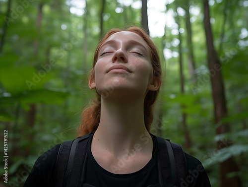 Woman meditating in forest
