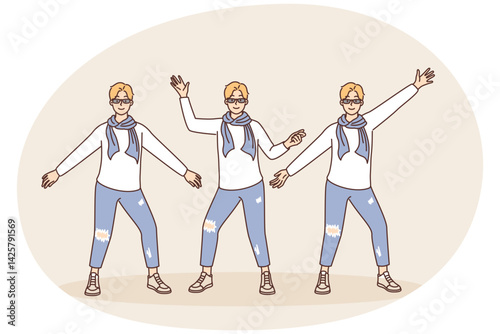 Creative guy in youth fashion clothes posing taking different poses and spreading arms to sides