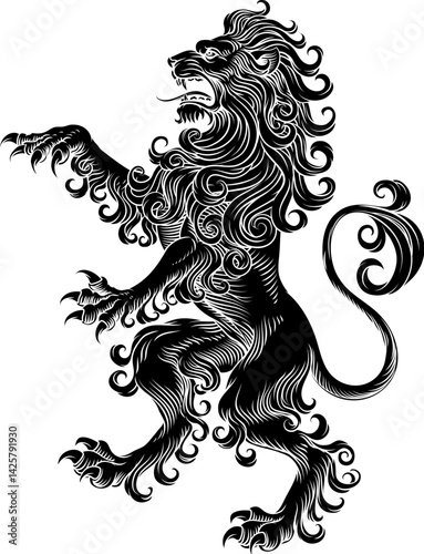 A heraldry coat of arms crest style rearing heraldic lion standing on hind legs in a vintage style
