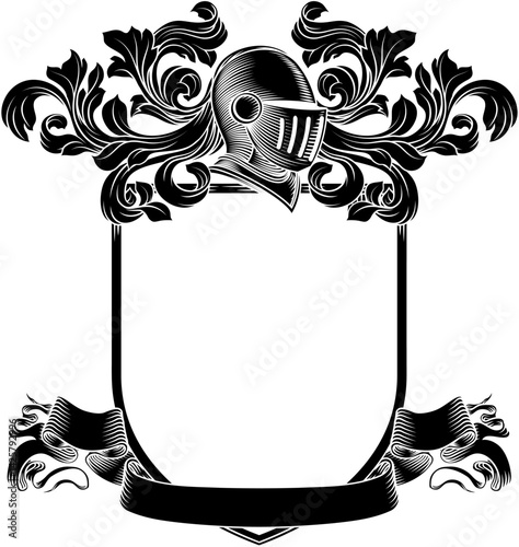 Coat of arms crest knight family medieval shield heraldry heraldic armorial motif. Featuring a knights helm helmet in a vintage etching engraving woodcut style