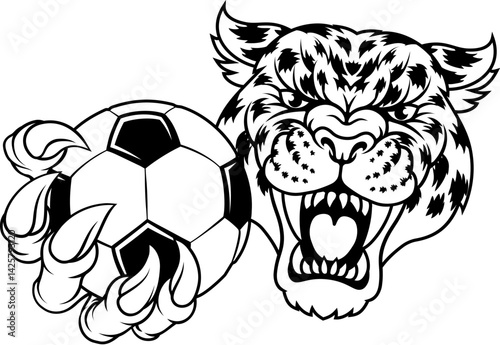 A jaguar, panther, leopard or cheetah wildcat spotted cat soccer football sports team mascot holding a ball