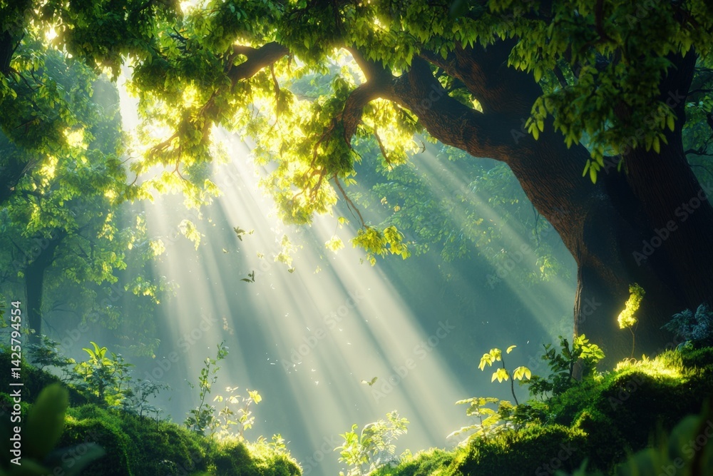 Fototapeta premium Sunlight streams through morning mist illuminating a dense forest in delicate rays