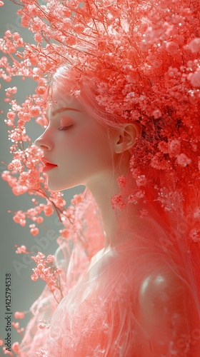 Woman with red hair surrounded by pink flowers dreamy ethereal portrait.