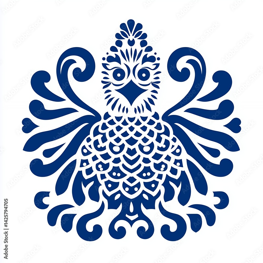 Fototapeta premium Intricate Blue Bird Illustration with Swirling Patterns on White