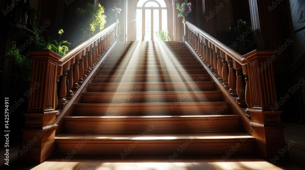 Obraz premium Sunlight Streaming Through Grand Staircase in Elegant Interior