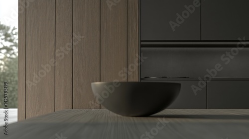 Modern kitchen interior, featuring a muted gray bowl on a light wood countertop.