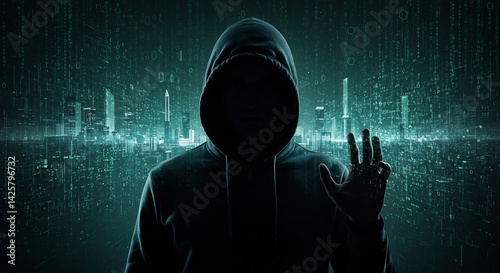 A hooded figure shrouded in darkness in front of a digital city backdrop