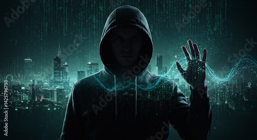 Cyberpunk style hooded figure with glowing digital hand gesture before city background