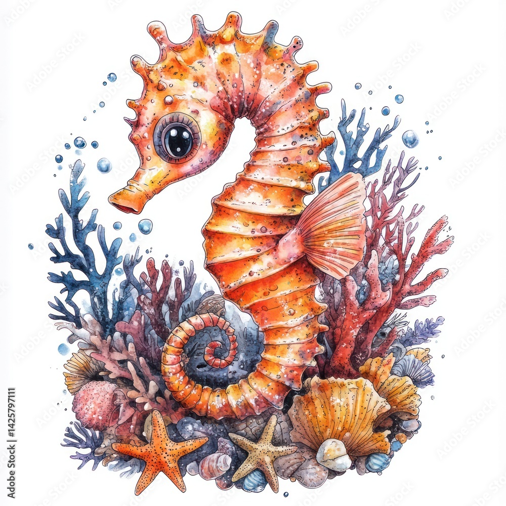 Fototapeta premium Cute seahorse in coral reef illustration
