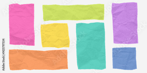 Group of colored uneven rectangular paper pieces with crumpled surface. Jagged torn edges and dotted gritty texture, halftone collage elements.