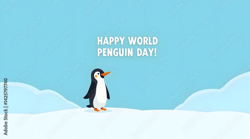 Obraz premium Happy World Penguin Day – Cute Stylized Penguin Illustration on Snowy Blue Background, world penguin day