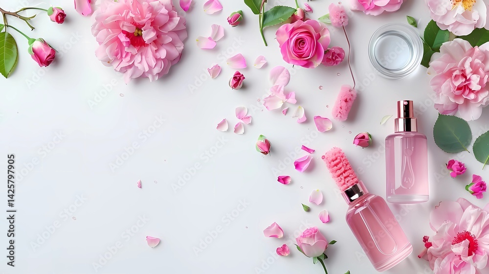 Top view of a flat lay of rose water product set with pink flowers and roller for face massage on white background, Generative AI illustrations. Top view of a flat lay of rose water product set with pink flowers and roller for face massage on white background, Generative AI illustrations.