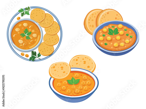vector illustration of an indian food Chole Bhature (Chickpea Curry with Fried Bread)