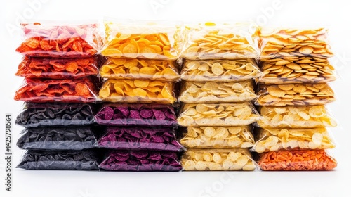 Stacked Potato Chip Bags on White Background