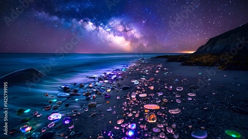 At night, the beach is covered with colorful glowing glass stones and pebbles on it, which glow in neon light colors, Generative AI illustrations.