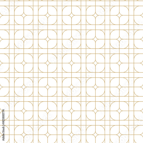Abstract geometric pattern with crosses, stripes, lines. Seamless vector background. White and gold ornament. Modern reticulated graphic design.