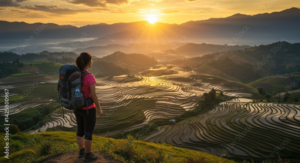Fototapeta premium Hiker watching golden sunrise over terraced rice fields