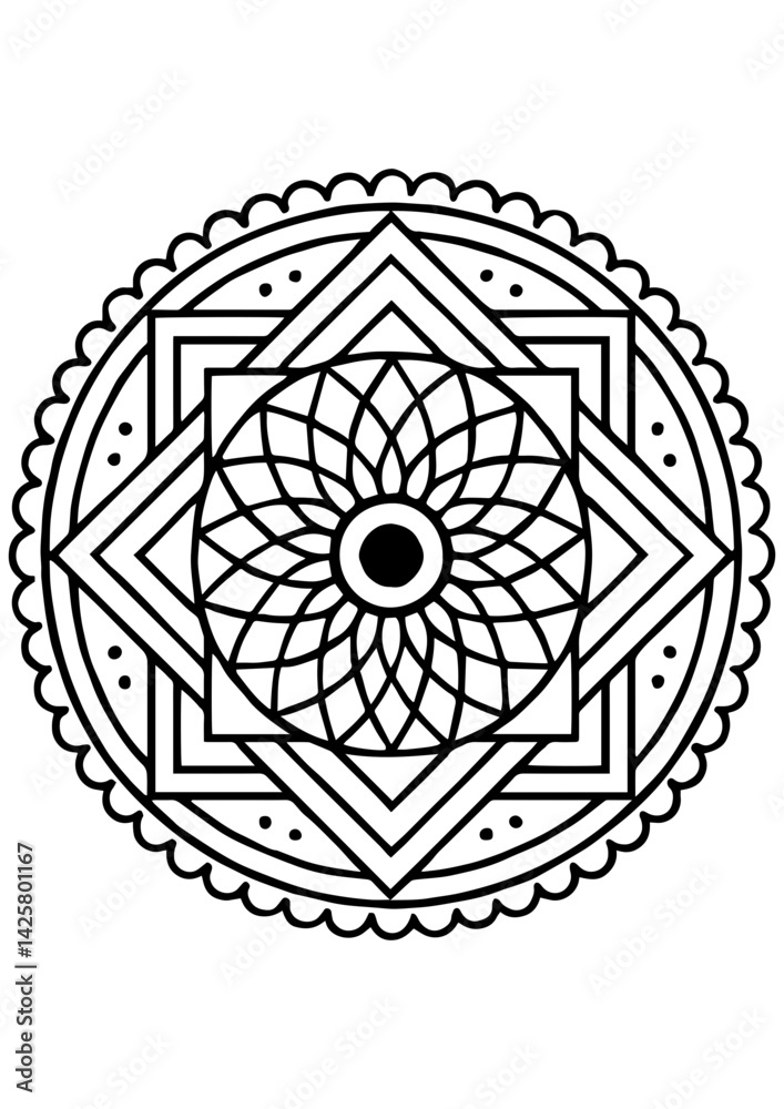 Fototapeta premium Black and white mandala vector for coloring book, engraving, print, or logo. Ideal for relaxation and creative design projects