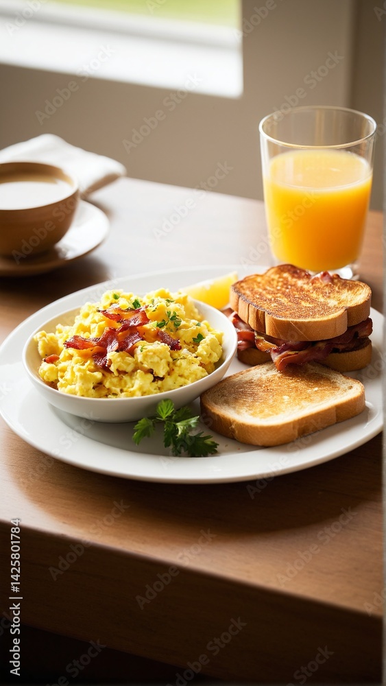 Sunny Side Up: A Delicious Breakfast Spread Featuring Scrambled Eggs, Bacon, Toast, Orange Juice, and Coffee by a Bright Window. Sunny Side Up: A Delicious Breakfast Spread Featuring Scrambled Eggs, Bacon, Toast, Orange Juice, and Coffee by a Bright Window.