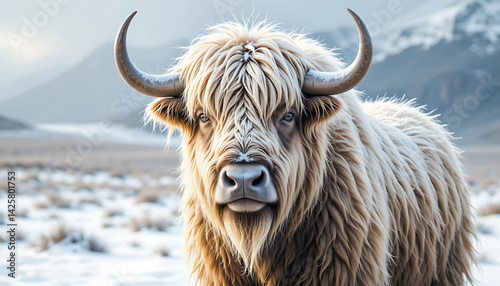 A gentle watercolor musk ox with thick, fluffy fur and snow-dusted horns, standing in a tundra landscape.

