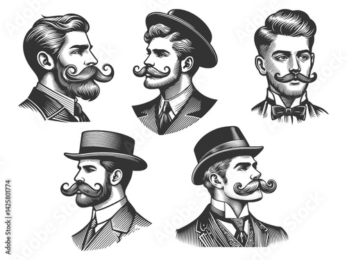 male portraits Set collection well-groomed mustaches, beards, classic hats in engraving style art bundle sketch engraving generative ai vector illustration. Scratch board. Black and white image.