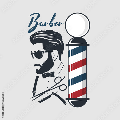 Barbershop logo, poster or banner design concept with barber pole and bearded men. Vector illustration