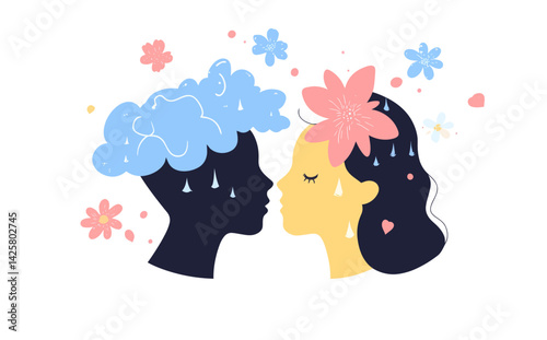 The idea of mental health is illustrated through a hand-drawn depiction of two heads, one containing a turbulent storm and the other filled with blooming flowers, signifying the role of psychological