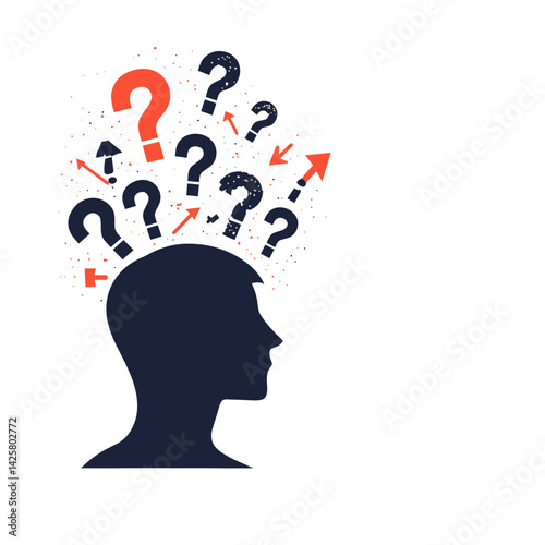 Human doubt is signified by a question mark in the head, created using flat design