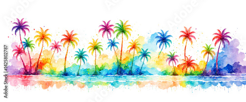 colorful watercolor palm tr...
