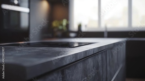 Dark gray kitchen countertop with sleek cabinetry.