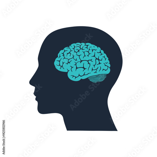 The illustration, in a modern flat style, depicts a human head with a silhouette face and brain, signifying mental health