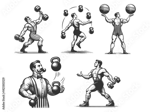 circus strongmen set collection bundle performing feats of strength with dumbbells, kettlebells, and large weights sketch engraving generative ai vector illustration. Scratch board. Black and white.
