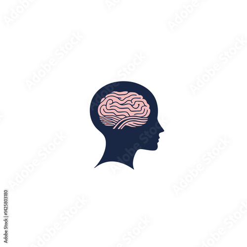 A brain is illustrated in a modern flat style within a silhouette head on a white background