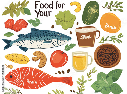 A brain illustration is at the center of a detailed flat design infographic, surrounded by a large assortment of healthy and unhealthy food icons, all isolated on a white background and emphasizing a