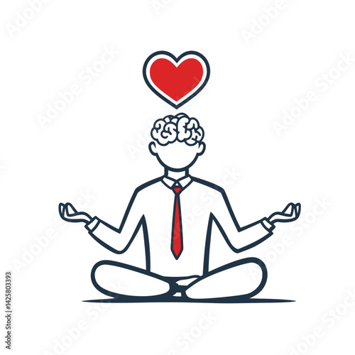 The modern flat design illustration portrays a businessman in a meditative state, balancing his heart and brain, with linear concept icons and infographics set on a contrasting black and white