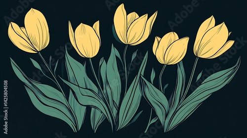 Yellow Tulips Dark Background.