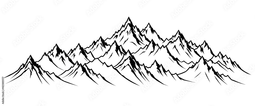 Obraz premium hand-drawn style black and white sketch of jagged mountain range landscape