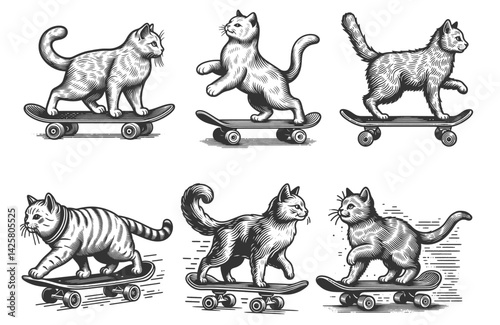 cat riding skateboard set collection bundle sketch engraving generative ai vector illustration. Scratch board imitation. Black and white image.