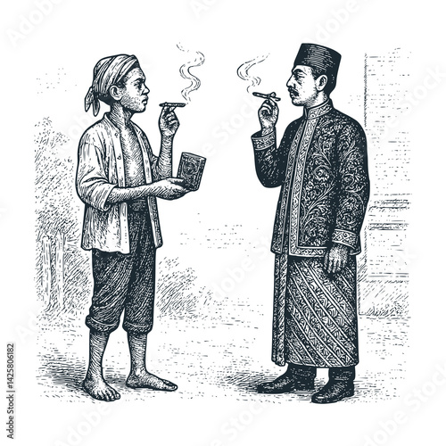 Black White Vector Illustration of two javanese man smoking a cigarette: A Vintage Engraved.