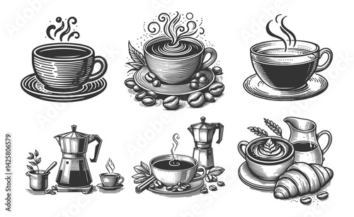 steaming coffee cups, moka pots, coffee beans, and breakfast elements like croissants and milk pitchers set collection bundle sketch engraving generative ai vector illustration. Black and white.