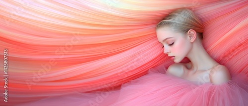 Woman with blonde hair surrounded by pink fabric in a dreamy setting.