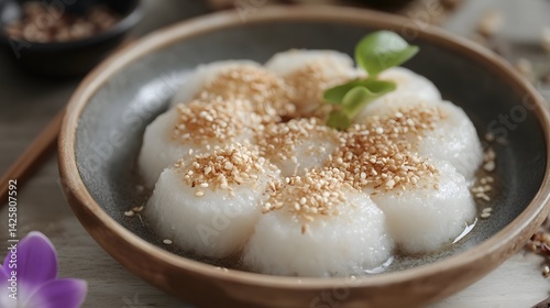 A plate of steamed rice cakes with coconut milk and sesame