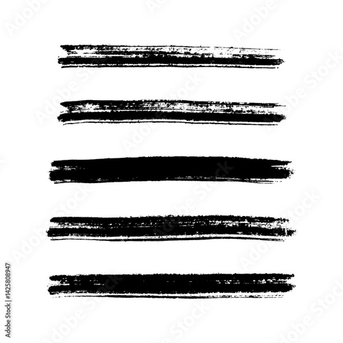 Paint brush stroke set, black grunge line of watercolor. Dirty uneven hand drawn stripes. Collection of horizontal silhouettes, decorative elements with torn edge, rough texture. Vector illustration