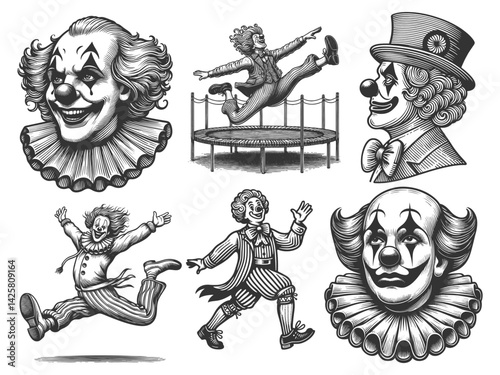 clown set collection circus action scenes bundle sketch engraving generative ai vector illustration. Scratch board imitation. Black and white image.