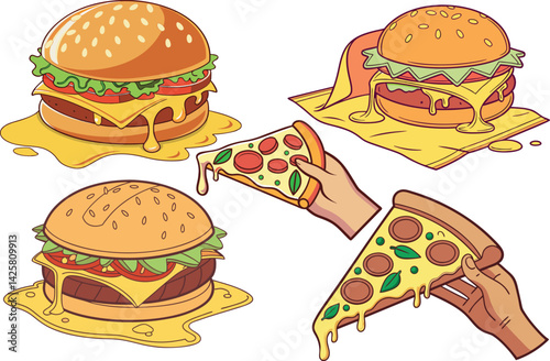 Juicy Cartoon Fast Food Set Cheeseburgers & Dripping Pizza Slices in Playful Style