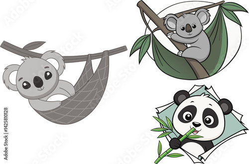 Adorable Cartoon Koalas & Panda Set Cute Hammock and Bamboo Eating Illustrations
