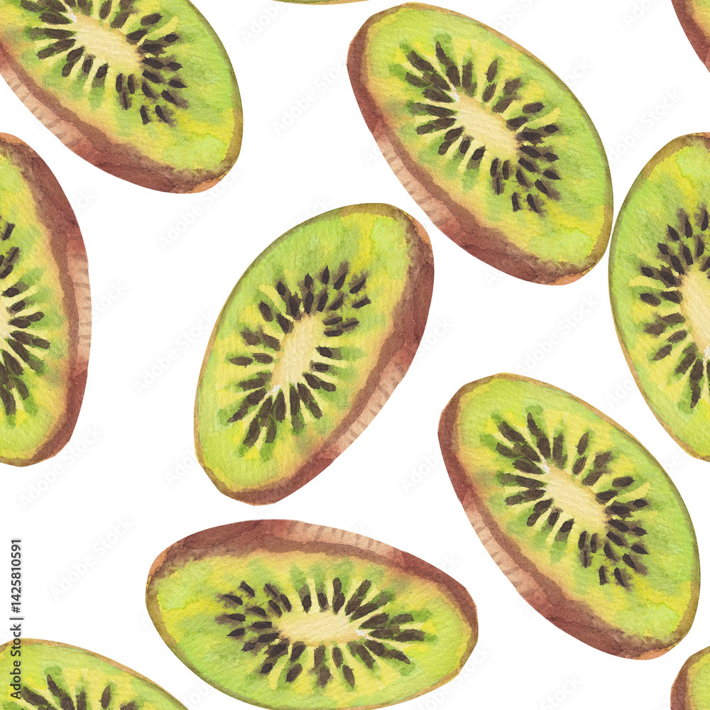 Fototapeta premium Watercolor seamless pattern of kiwi fruit flying slice isolated on a white background. Hand-drawn botanical illustration, sketch for textile, wrapping paper, wallpaper, design