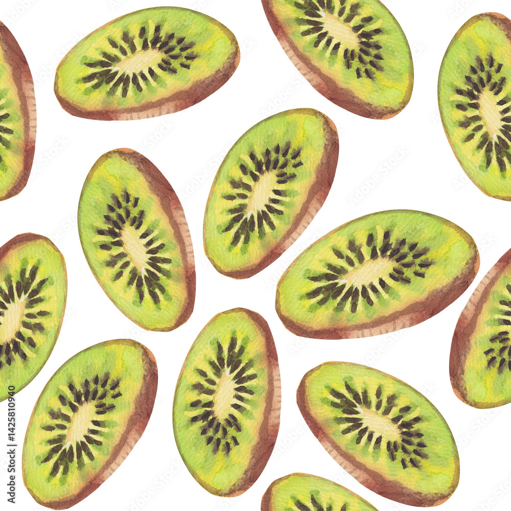 Fototapeta premium Watercolor seamless pattern of kiwi fruit flying slice isolated on a white. A slice of green fruit. Hand-drawn botanical illustration, sketch for textile, wrapping paper, wallpaper, design