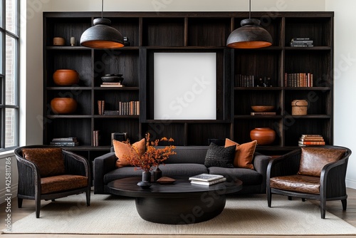 Modern living room interior with a blank poster mockup on the wall, a sofa and coffee table in front of it, white walls, a dark wood bookcase behind the couch, modern pendant lighting, a beige